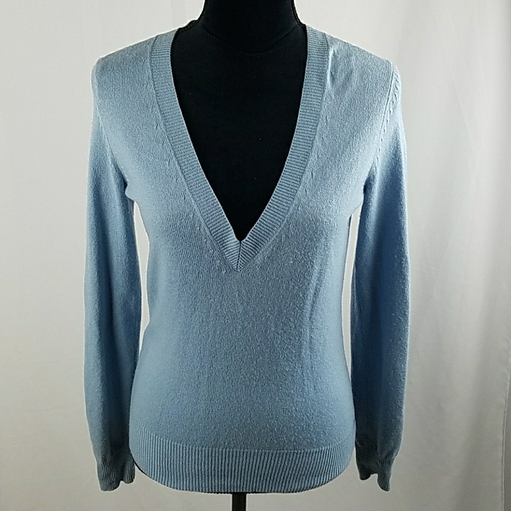 theory women S/P blue silk cashmere blend v-neck sweater minimalist Academia